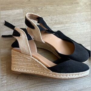 Black Espadrille Wedge Sandals with Ankle Tie
